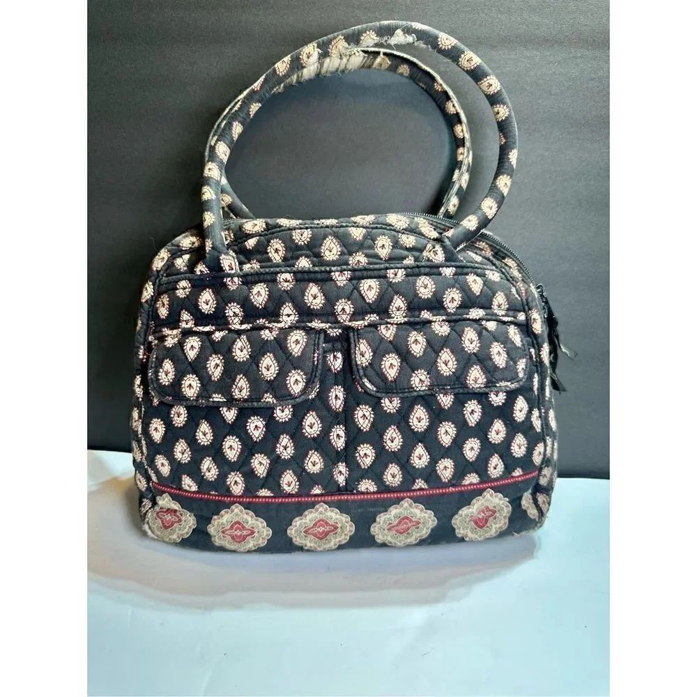 Vera Bradley retired dark blue print bowler bag shoulder tote - flaws